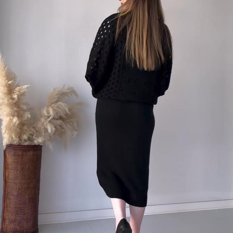 đNouvelles arrivĂ©es d'automneđEnsemble tricotĂ© top Ă manches longues ajourĂ© & robe sans manches