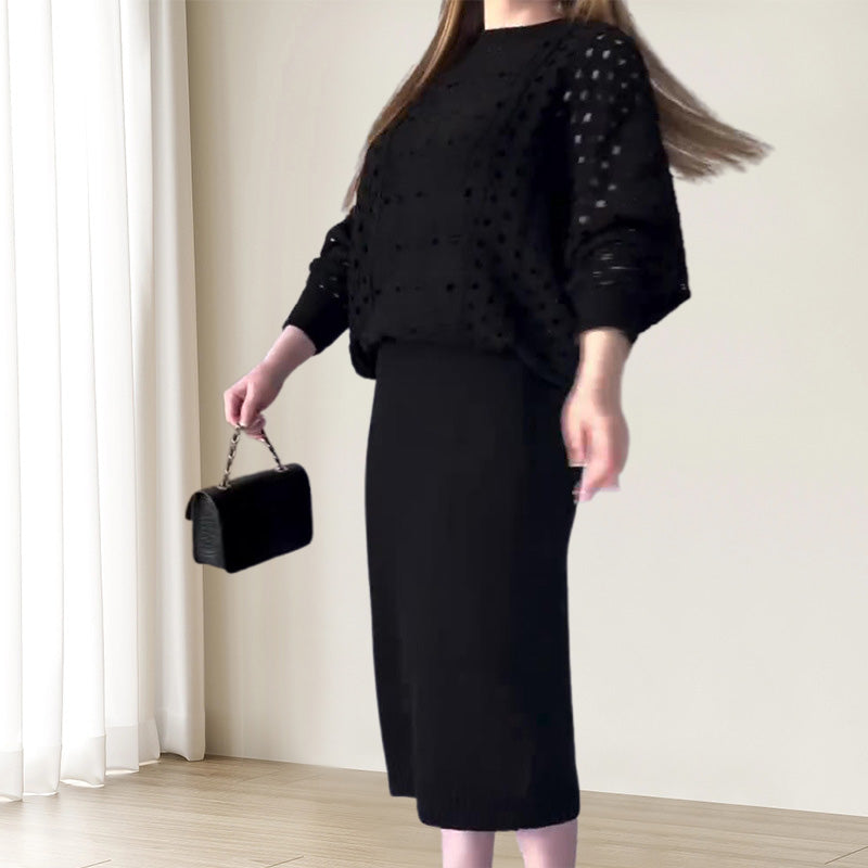 đNouvelles arrivĂ©es d'automneđEnsemble tricotĂ© top Ă manches longues ajourĂ© & robe sans manches