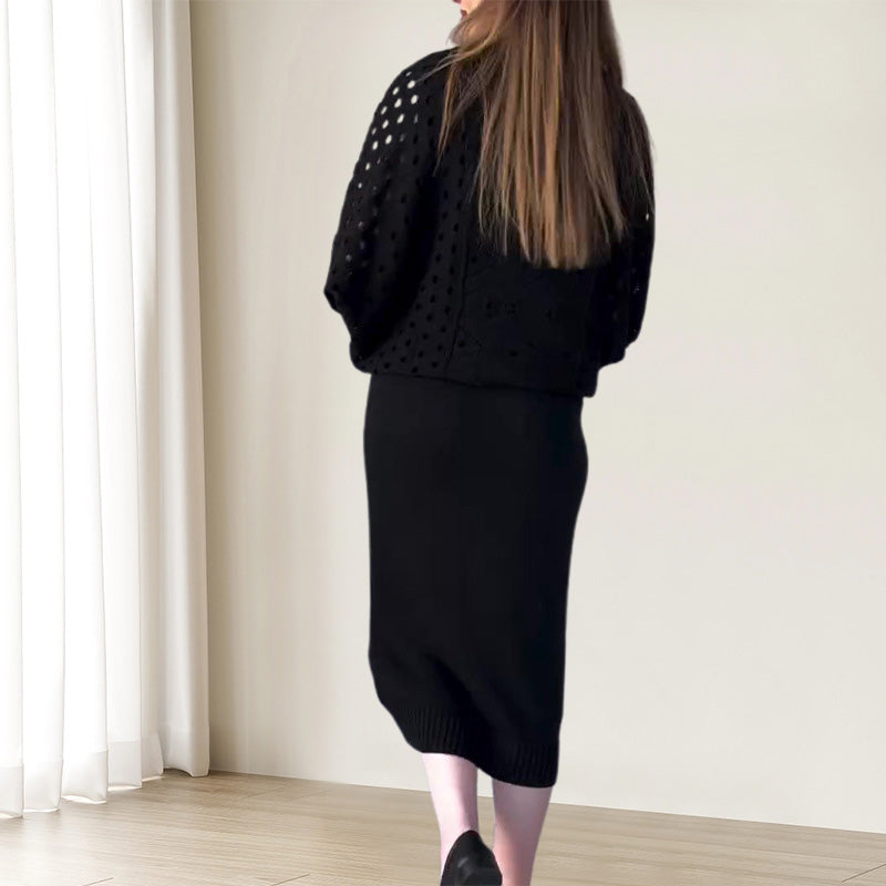 đNouvelles arrivĂ©es d'automneđEnsemble tricotĂ© top Ă manches longues ajourĂ© & robe sans manches