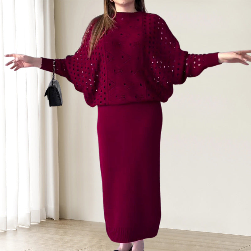 đNouvelles arrivĂ©es d'automneđEnsemble tricotĂ© top Ă manches longues ajourĂ© & robe sans manches