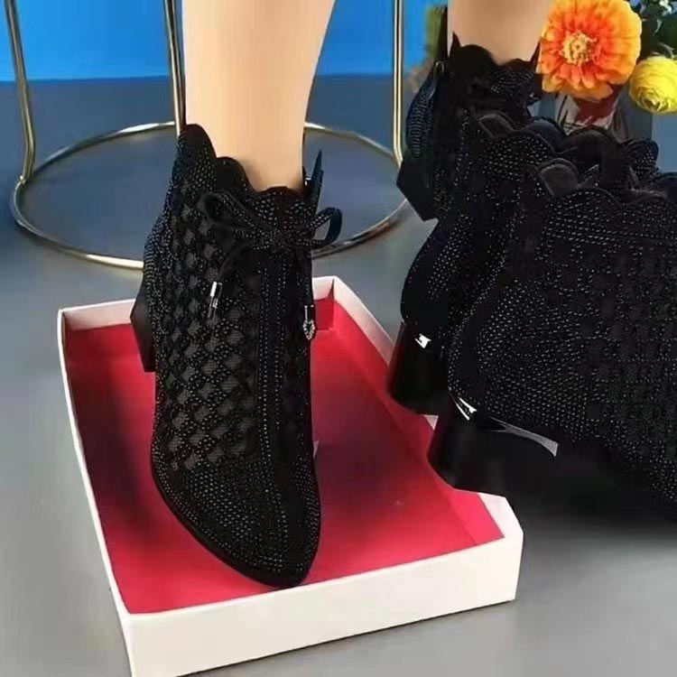 đ Bottes Courtes en Maille Creuse Ă Perles et Talons Ăpais pour Femmesâšïž