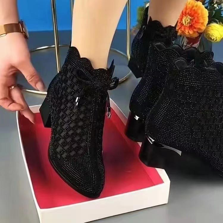 đ Bottes Courtes en Maille Creuse Ă Perles et Talons Ăpais pour Femmesâšïž
