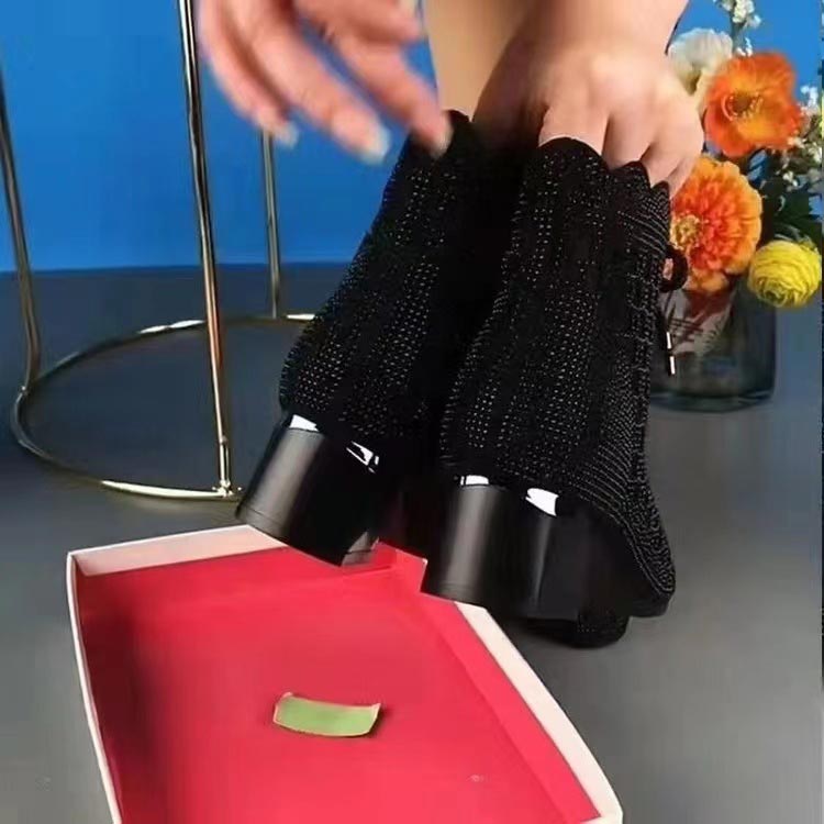 đ Bottes Courtes en Maille Creuse Ă Perles et Talons Ăpais pour Femmesâšïž