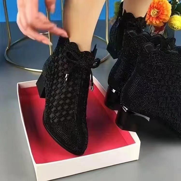 đ Bottes Courtes en Maille Creuse Ă Perles et Talons Ăpais pour Femmesâšïž