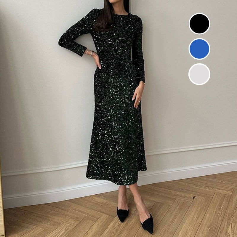 ✨️50 % de réduction✨️Robe longue moulante scintillante à col rond pour femme