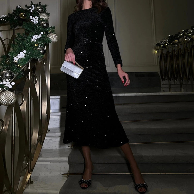 ✨️50 % de réduction✨️Robe longue moulante scintillante à col rond pour femme