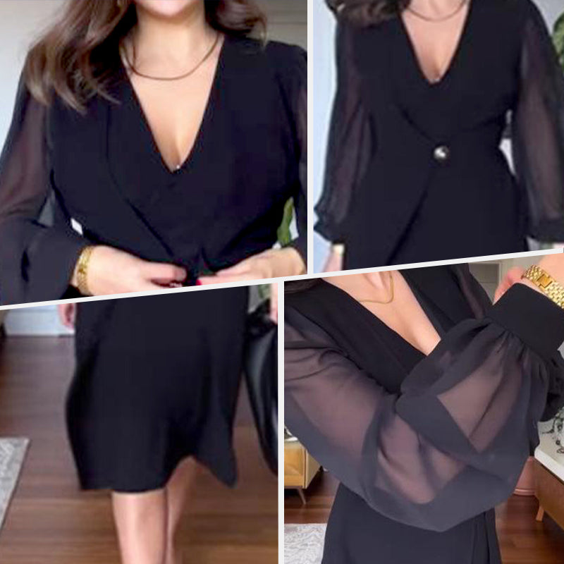 💖Les femmes disent des robes élégantes à manches longues et col en V en maille lanterne💖
