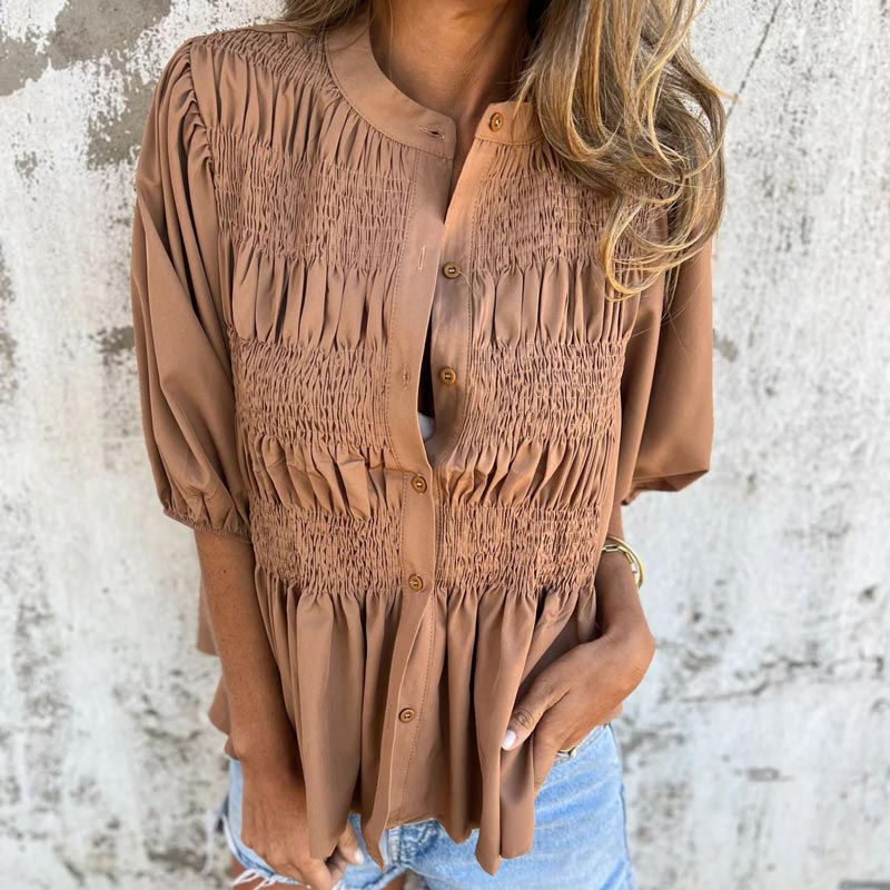 💖Vente chaude du Nouvel An💖Chemise boutonnée plissée décontractée à col rond pour femme