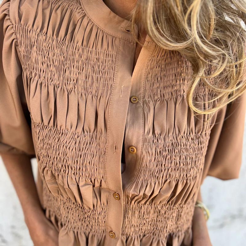 💖Vente chaude du Nouvel An💖Chemise boutonnée plissée décontractée à col rond pour femme