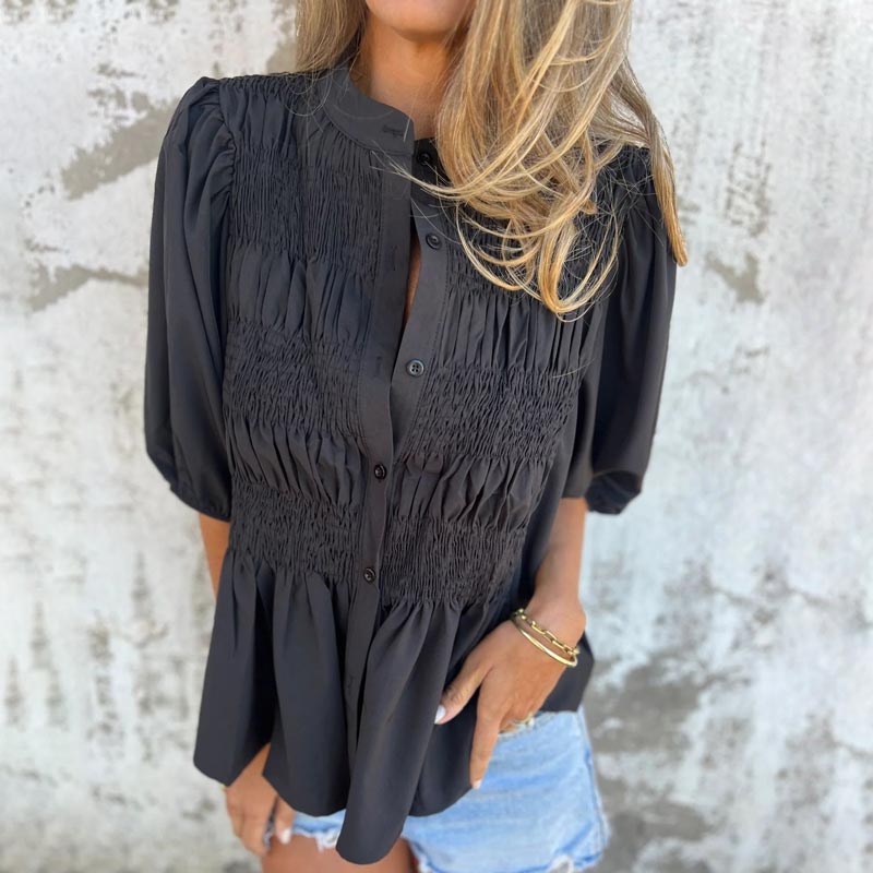 💖Vente chaude du Nouvel An💖Chemise boutonnée plissée décontractée à col rond pour femme