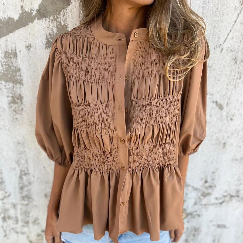 💖Vente chaude du Nouvel An💖Chemise boutonnée plissée décontractée à col rond pour femme