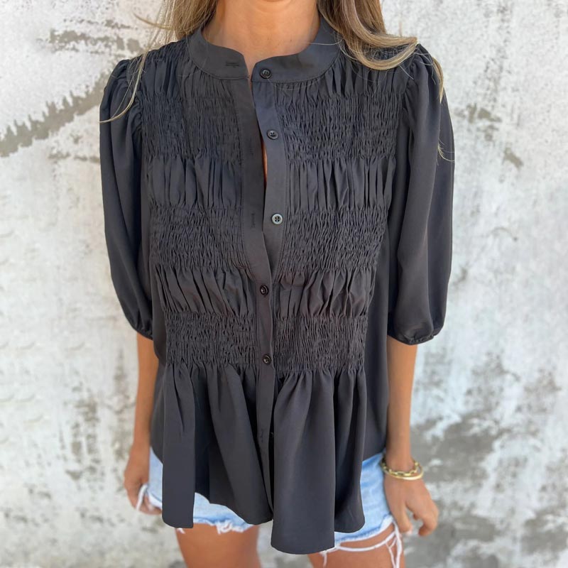 💖Vente chaude du Nouvel An💖Chemise boutonnée plissée décontractée à col rond pour femme