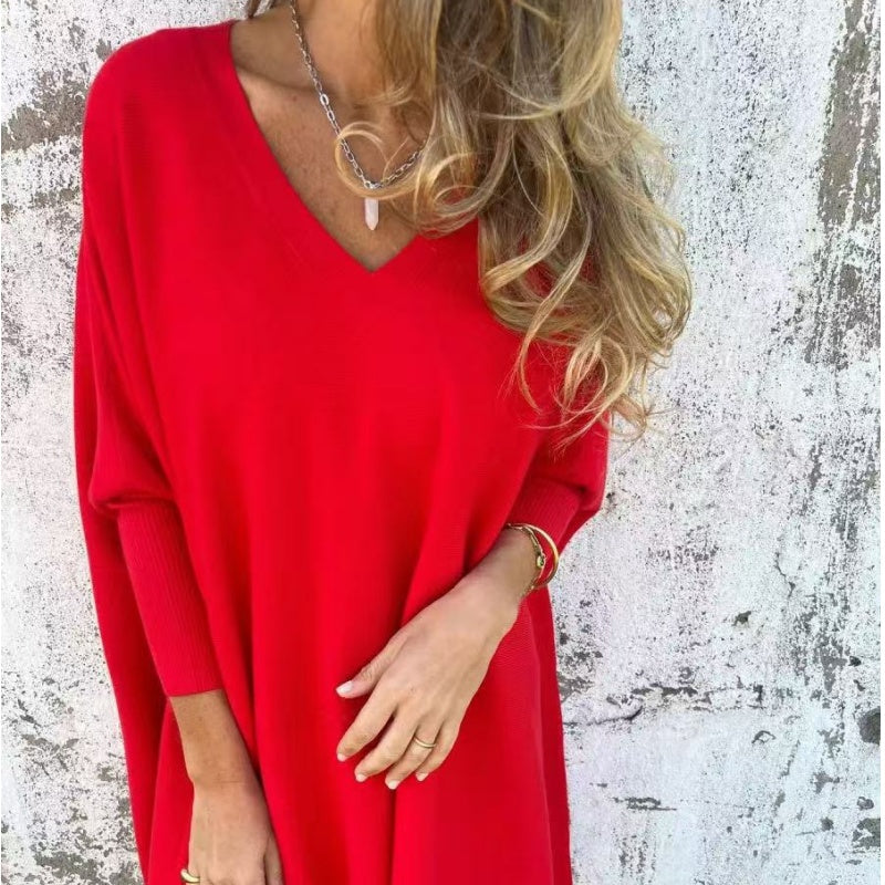 🌈Haut long ample en tricot à manches longues et col en V pour femme