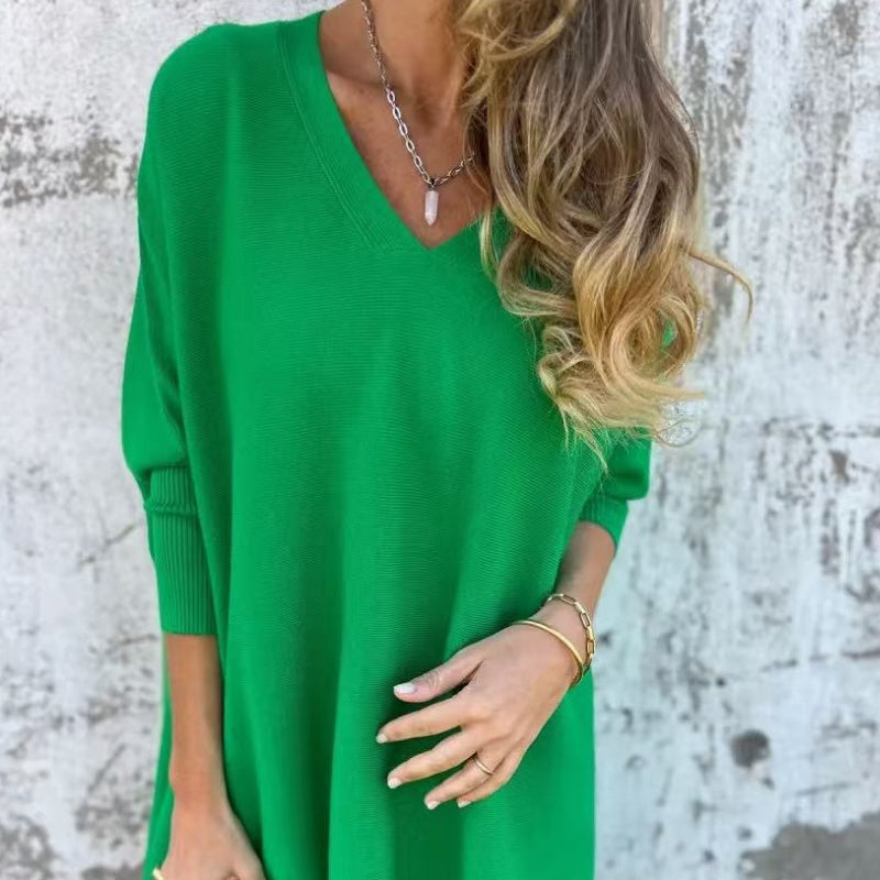 🌈Haut long ample en tricot à manches longues et col en V pour femme