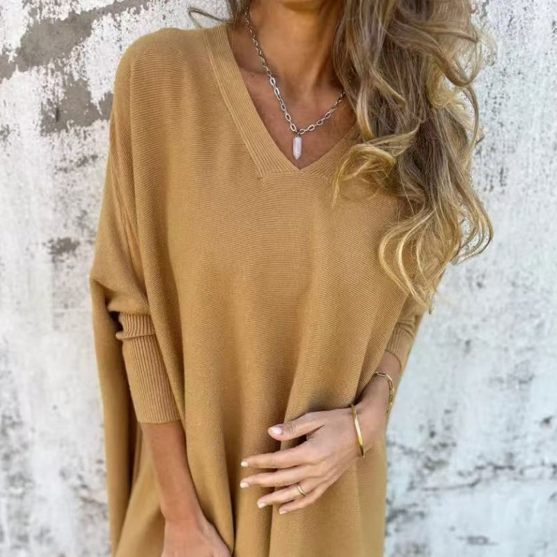 🌈Haut long ample en tricot à manches longues et col en V pour femme