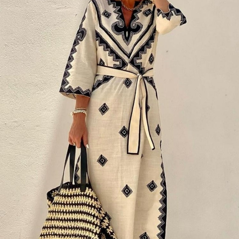 🌸vente saisonnière🌸Robe bohème à col en V et imprimé géométrique ethnique pour femme avec ceinture