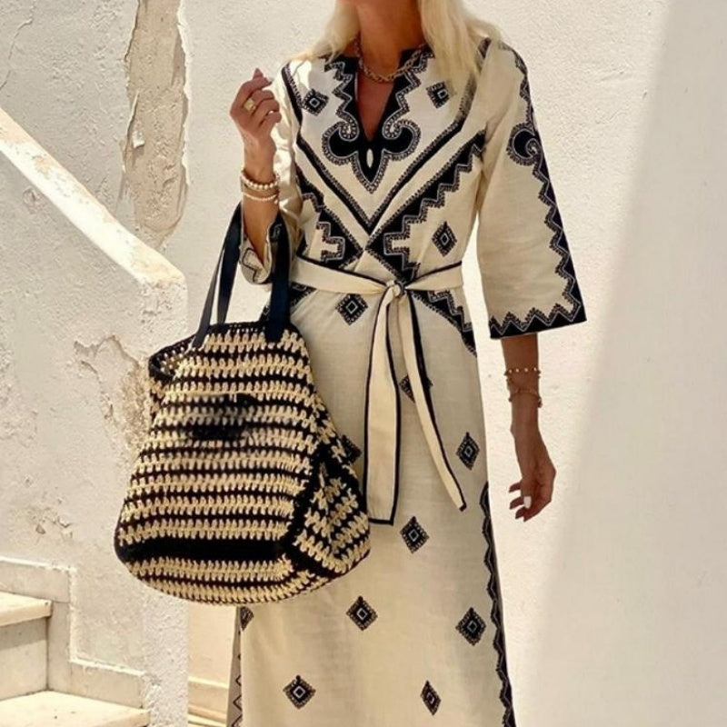 🌸vente saisonnière🌸Robe bohème à col en V et imprimé géométrique ethnique pour femme avec ceinture