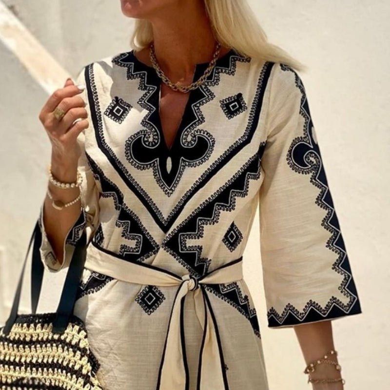 🌸vente saisonnière🌸Robe bohème à col en V et imprimé géométrique ethnique pour femme avec ceinture