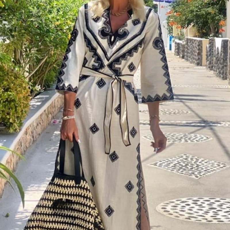 🌸vente saisonnière🌸Robe bohème à col en V et imprimé géométrique ethnique pour femme avec ceinture