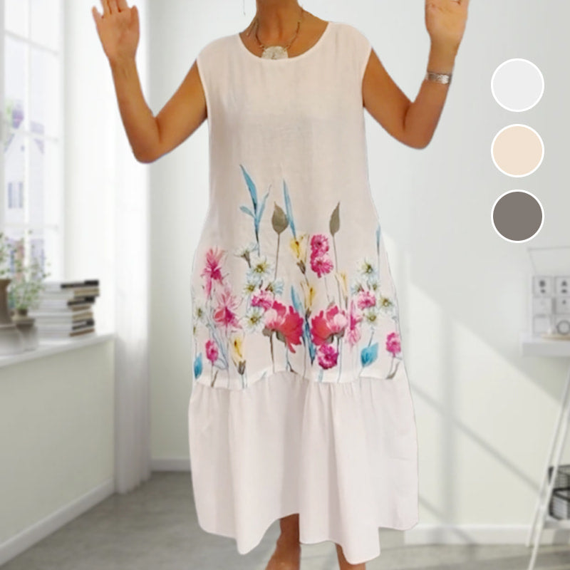 🌸Promotions de printemps🌸Robe ample sans manches pour femme avec décolleté rond à fleurs