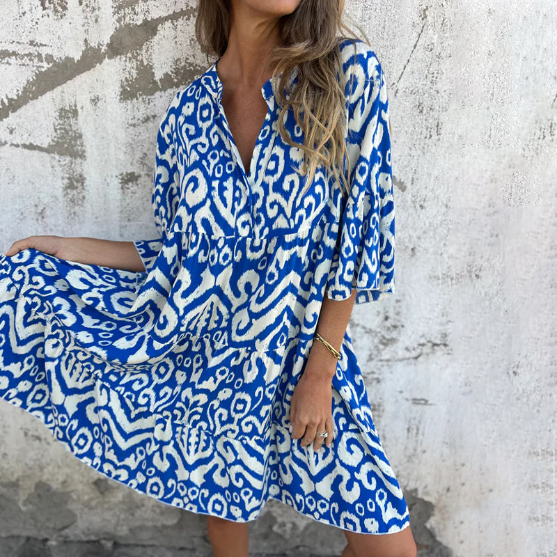 🌸Printemps 50% de réduction🌸Robe avec col en V imprimé et manches trois-quarts