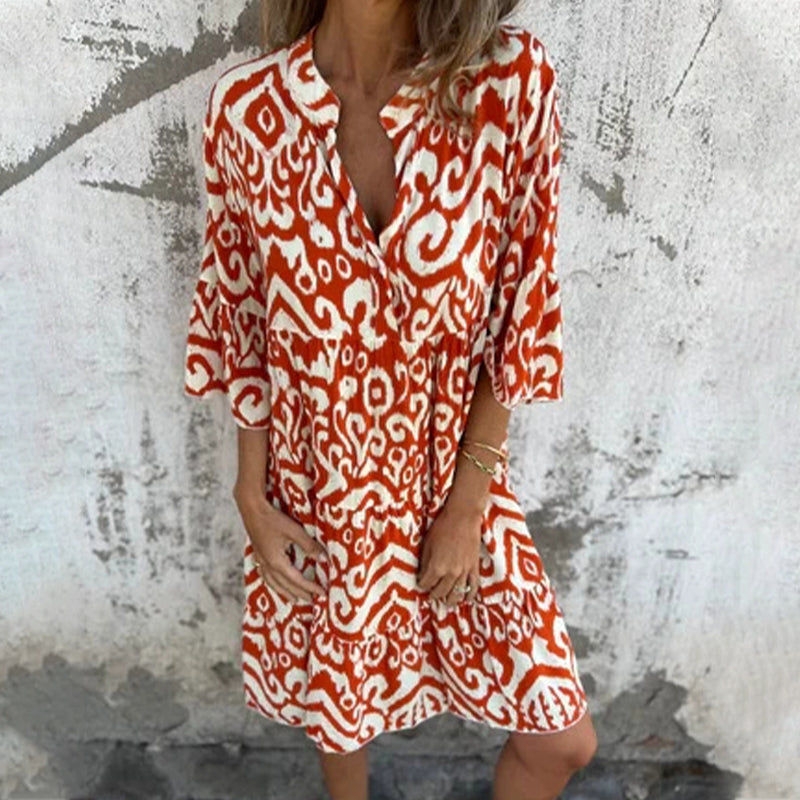 🌸Printemps 50% de réduction🌸Robe avec col en V imprimé et manches trois-quarts
