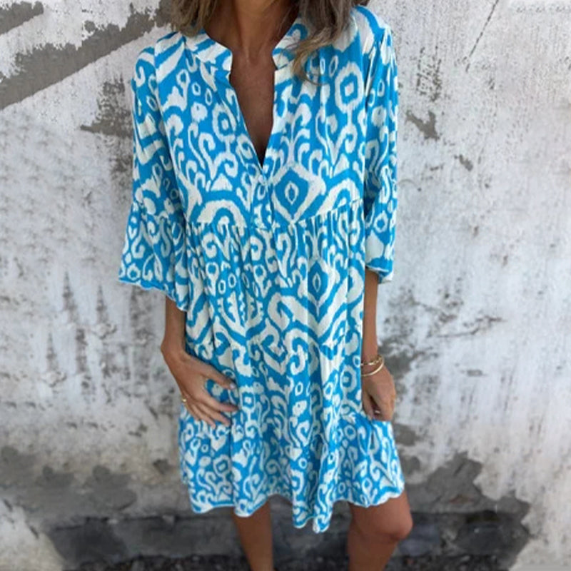 🌸Printemps 50% de réduction🌸Robe avec col en V imprimé et manches trois-quarts