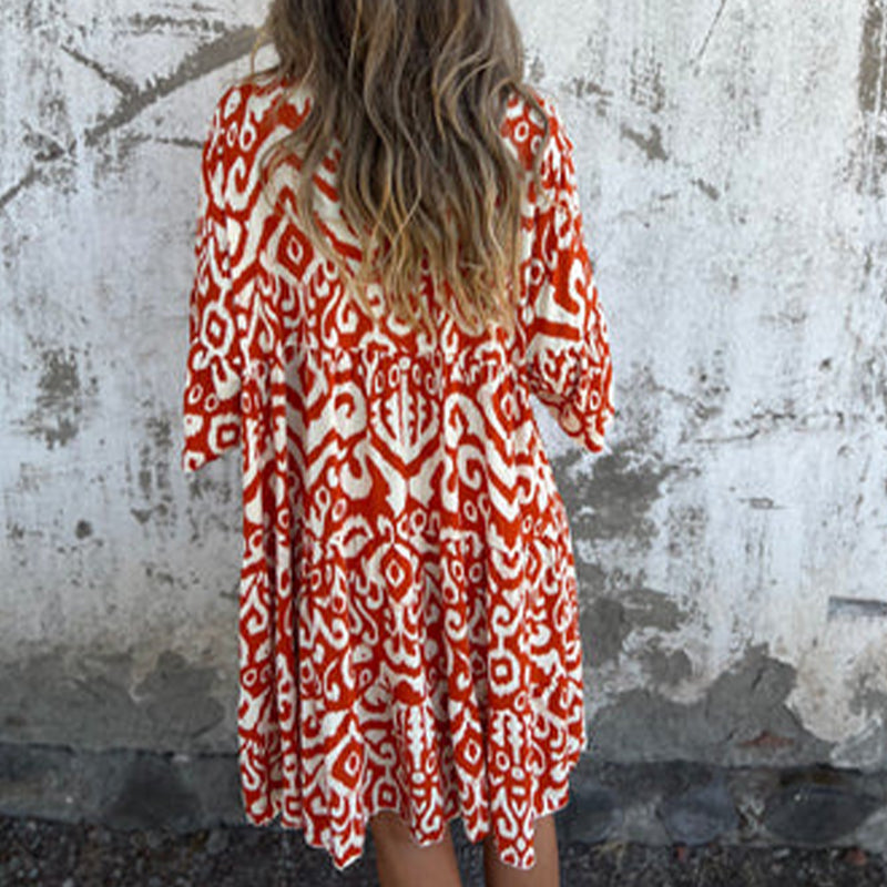 🌸Printemps 50% de réduction🌸Robe avec col en V imprimé et manches trois-quarts
