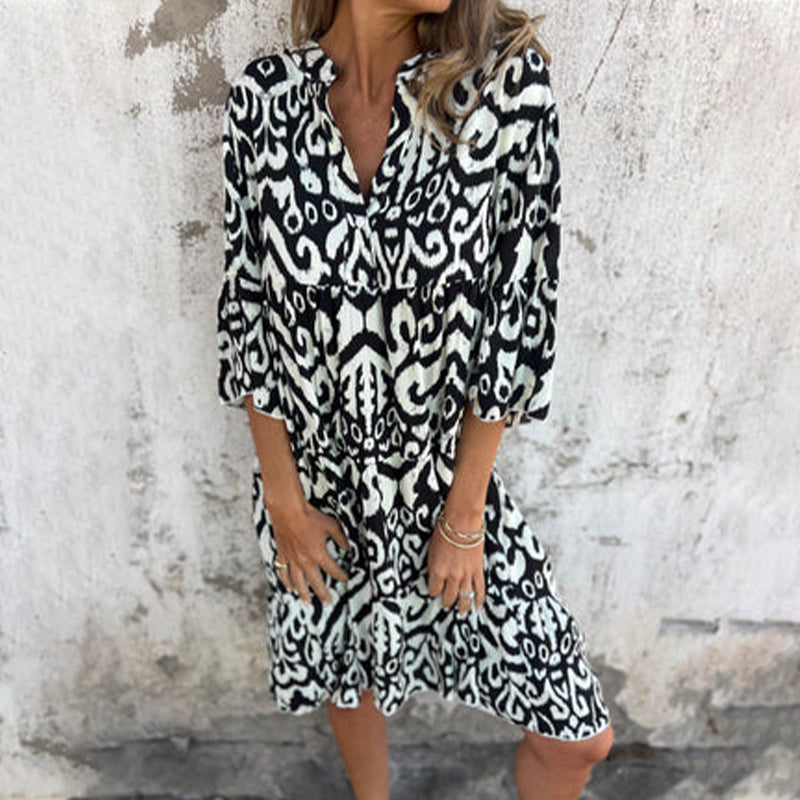 🌸Printemps 50% de réduction🌸Robe avec col en V imprimé et manches trois-quarts
