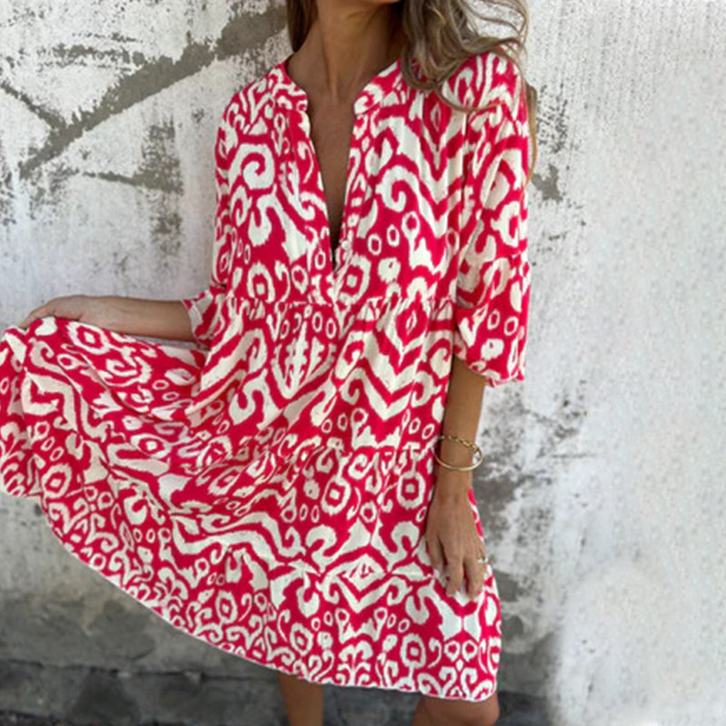 🌸Printemps 50% de réduction🌸Robe avec col en V imprimé et manches trois-quarts