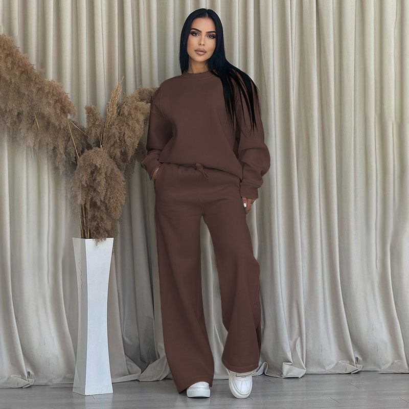 🔥Rabais saisonniers🔥 Haut à manches longues et pantalon ample à col rond de couleur unie (ensemble 2 pièces)
