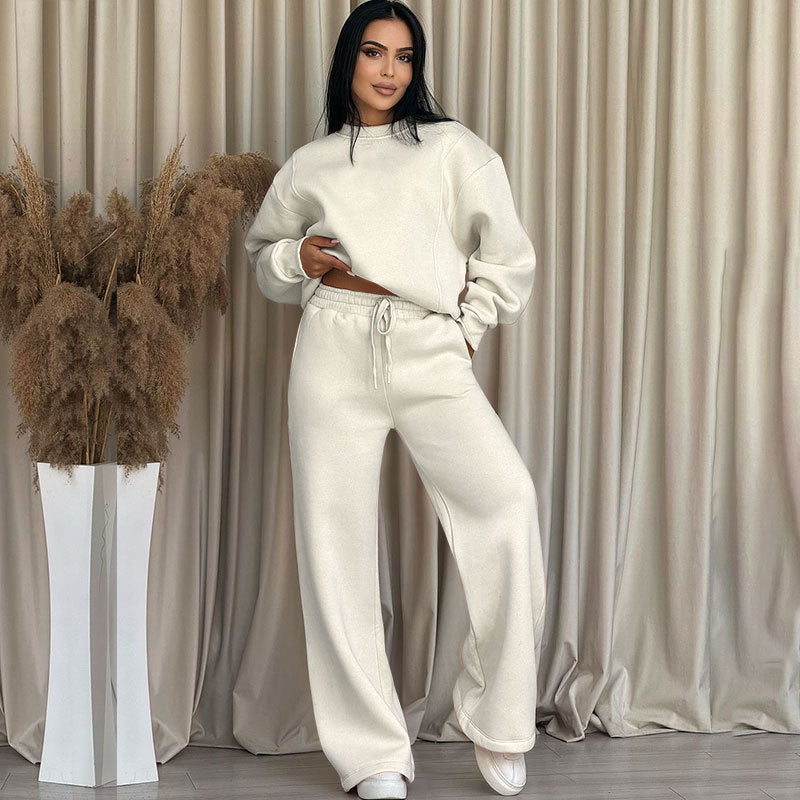 🔥Rabais saisonniers🔥 Haut à manches longues et pantalon ample à col rond de couleur unie (ensemble 2 pièces)