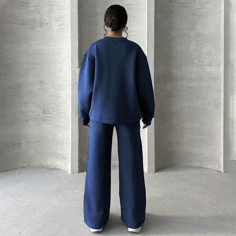 🔥Rabais saisonniers🔥 Haut à manches longues et pantalon ample à col rond de couleur unie (ensemble 2 pièces)