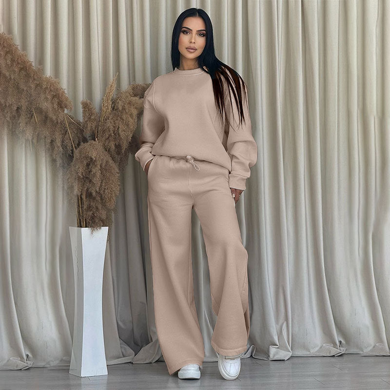 🔥Rabais saisonniers🔥 Haut à manches longues et pantalon ample à col rond de couleur unie (ensemble 2 pièces)
