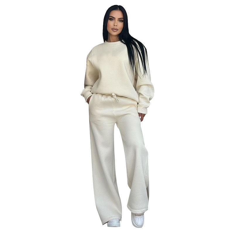 🔥Rabais saisonniers🔥 Haut à manches longues et pantalon ample à col rond de couleur unie (ensemble 2 pièces)