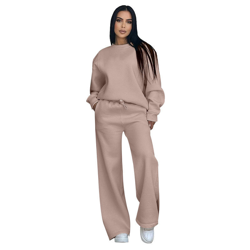 🔥Rabais saisonniers🔥 Haut à manches longues et pantalon ample à col rond de couleur unie (ensemble 2 pièces)