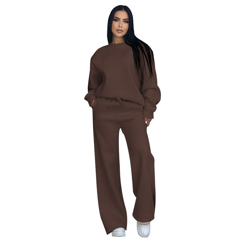 🔥Rabais saisonniers🔥 Haut à manches longues et pantalon ample à col rond de couleur unie (ensemble 2 pièces)