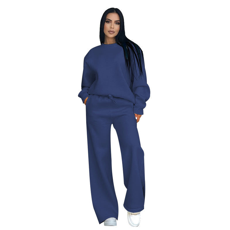 🔥Rabais saisonniers🔥 Haut à manches longues et pantalon ample à col rond de couleur unie (ensemble 2 pièces)