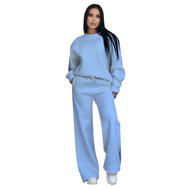 🔥Rabais saisonniers🔥 Haut à manches longues et pantalon ample à col rond de couleur unie (ensemble 2 pièces)