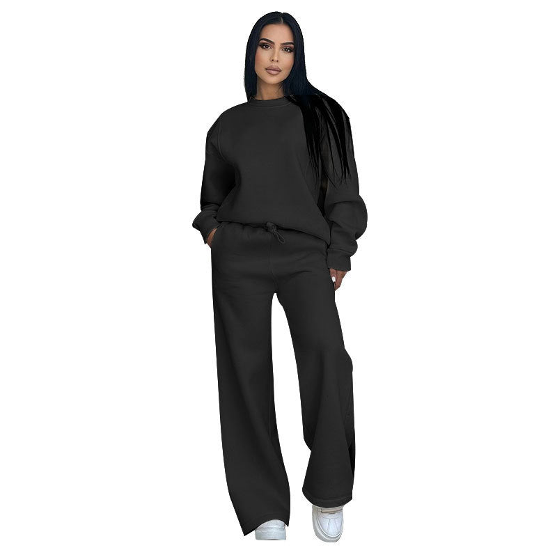 🔥Rabais saisonniers🔥 Haut à manches longues et pantalon ample à col rond de couleur unie (ensemble 2 pièces)
