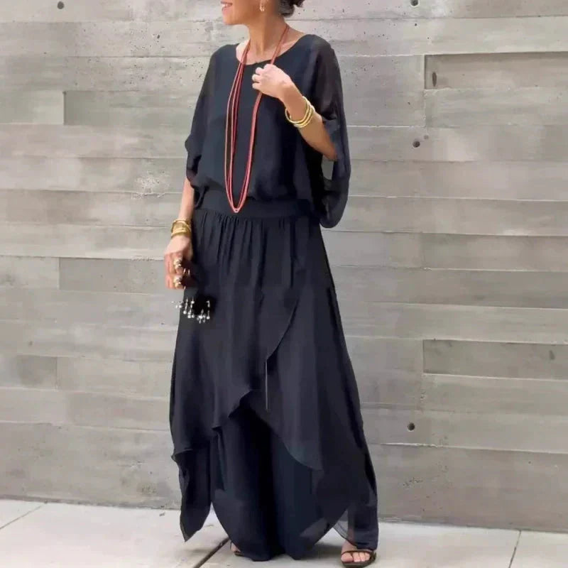 🔥Promotions du début de l'été🔥Ensemble 2 pièces en mousseline - Top ample et pantalon fendu à jambe large(🔥55 % de réduction)