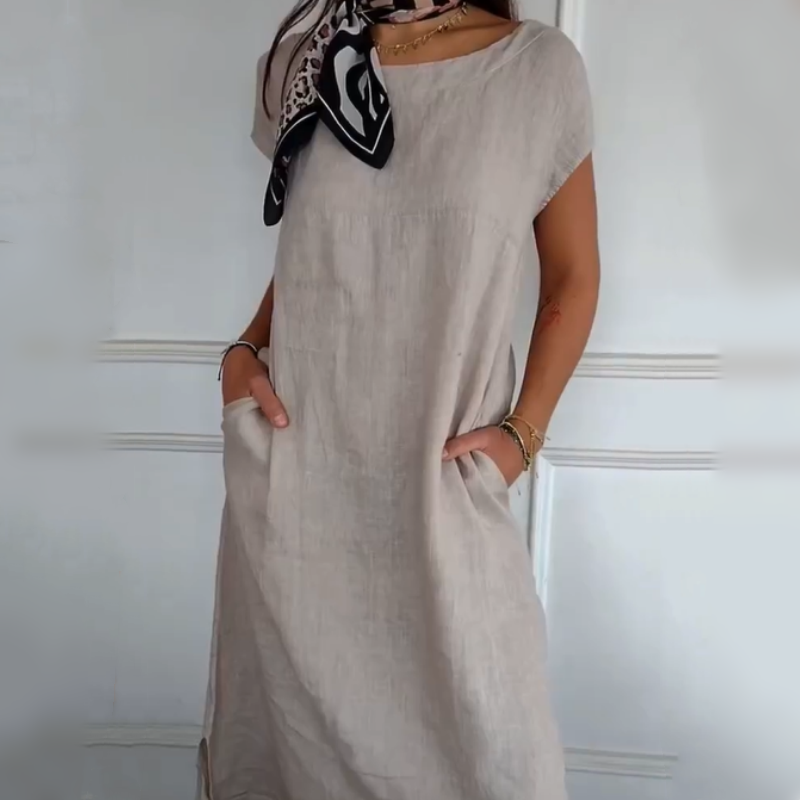 Robe femme à manches courtes et col rond en lin et coton(🔥50% de réduction)