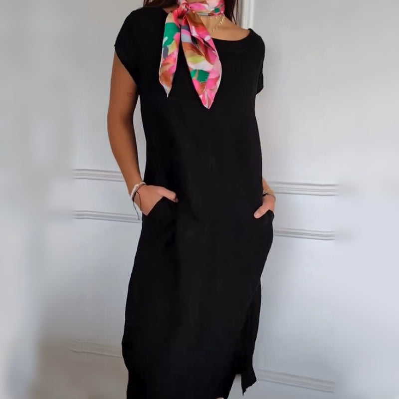 Robe femme à manches courtes et col rond en lin et coton(🔥50% de réduction)