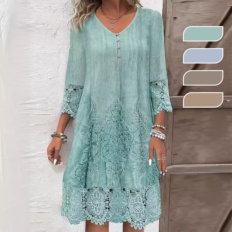 🔥Promotions du début de l'été🔥Robe élégante en dentelle à manches mi-longues et col en V pour femmes(53 % de réduction)