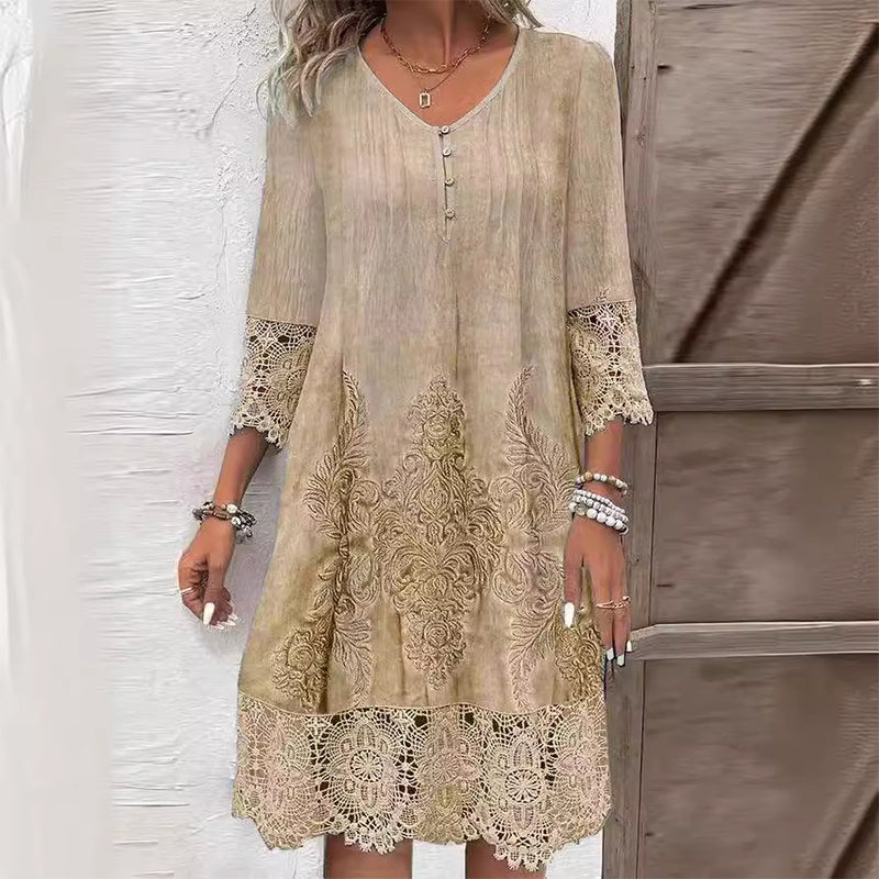 🔥Promotions du début de l'été🔥Robe élégante en dentelle à manches mi-longues et col en V pour femmes(53 % de réduction)