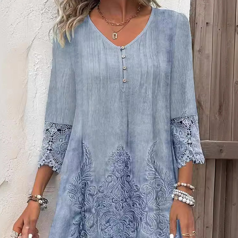 🔥Promotions du début de l'été🔥Robe élégante en dentelle à manches mi-longues et col en V pour femmes(53 % de réduction)