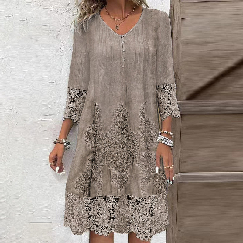 🔥Promotions du début de l'été🔥Robe élégante en dentelle à manches mi-longues et col en V pour femmes(53 % de réduction)