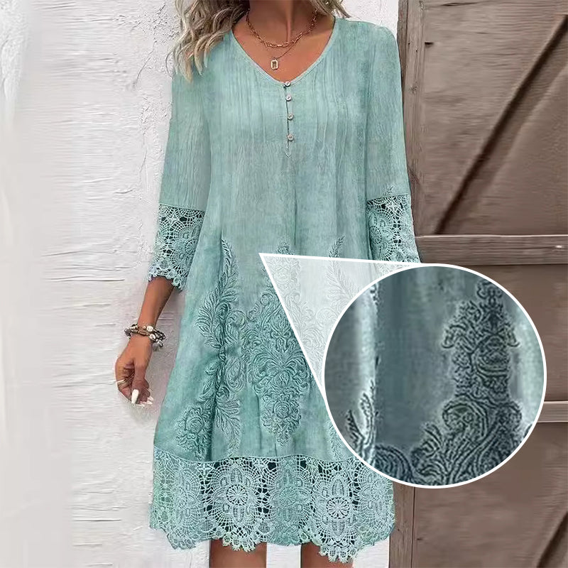 🔥Promotions du début de l'été🔥Robe élégante en dentelle à manches mi-longues et col en V pour femmes(53 % de réduction)
