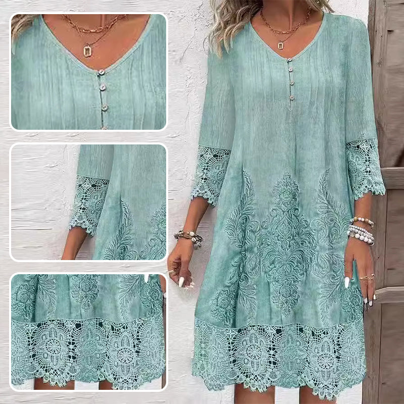 🔥Promotions du début de l'été🔥Robe élégante en dentelle à manches mi-longues et col en V pour femmes(53 % de réduction)