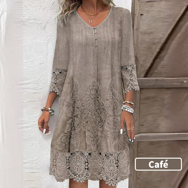 🔥Promotions du début de l'été🔥Robe élégante en dentelle à manches mi-longues et col en V pour femmes(53 % de réduction)